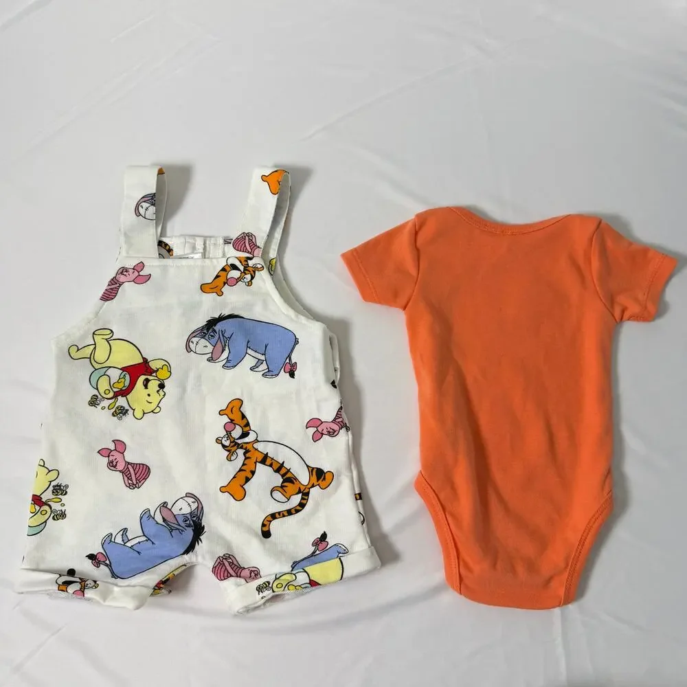 Disney Baby Winnie The Pooh & Friends White & Orange Overall Set Sz 3-6 mo